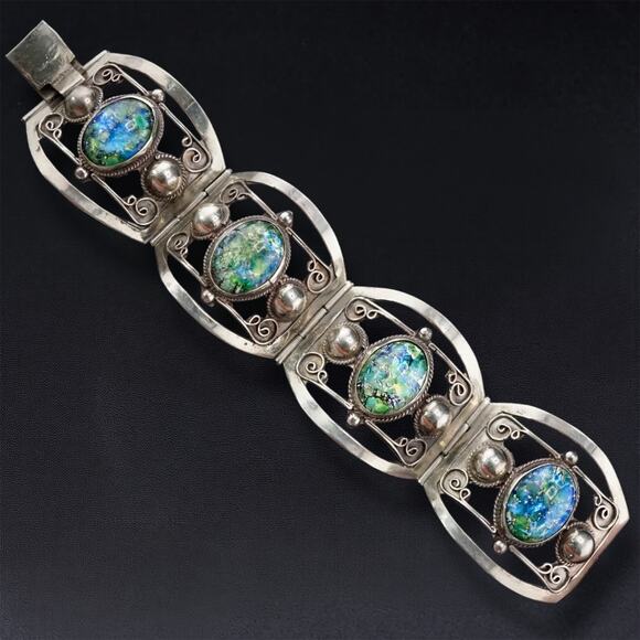 Vintage Taxco Mexico 925 Sterling Silver Link Bracelet Dragon’s Breath Cabochons - Picture 17 of 17